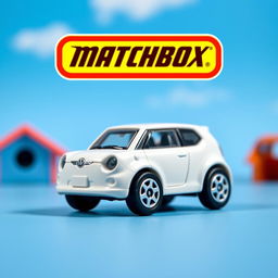 A miniature die-cast model car of a BYD Dolphin Mini in vibrant blue sky, designed in the style of a Matchbox toy