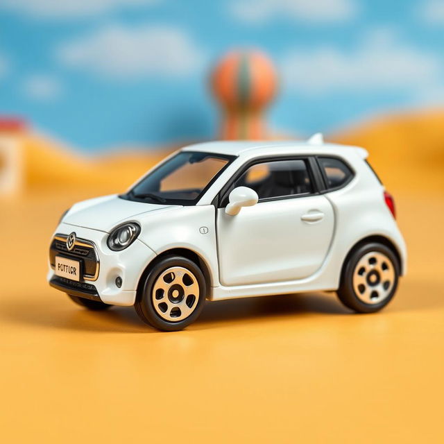 A miniature die-cast model car of a BYD Dolphin Mini in vibrant blue sky, designed in the style of a Matchbox toy