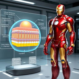 Iron Man, in his striking red and gold armor, stands confidently in a futuristic laboratory setting, showcasing the functioning of a cellular membrane