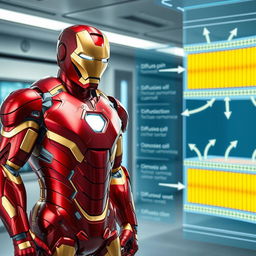 Iron Man, in his striking red and gold armor, stands confidently in a futuristic laboratory setting, showcasing the functioning of a cellular membrane