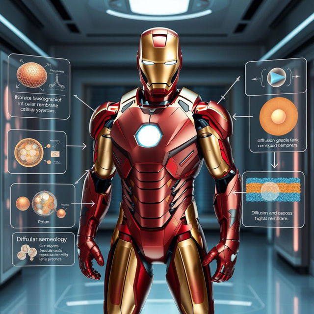 Iron Man, in his striking red and gold armor, stands confidently in a futuristic laboratory setting, showcasing the functioning of a cellular membrane