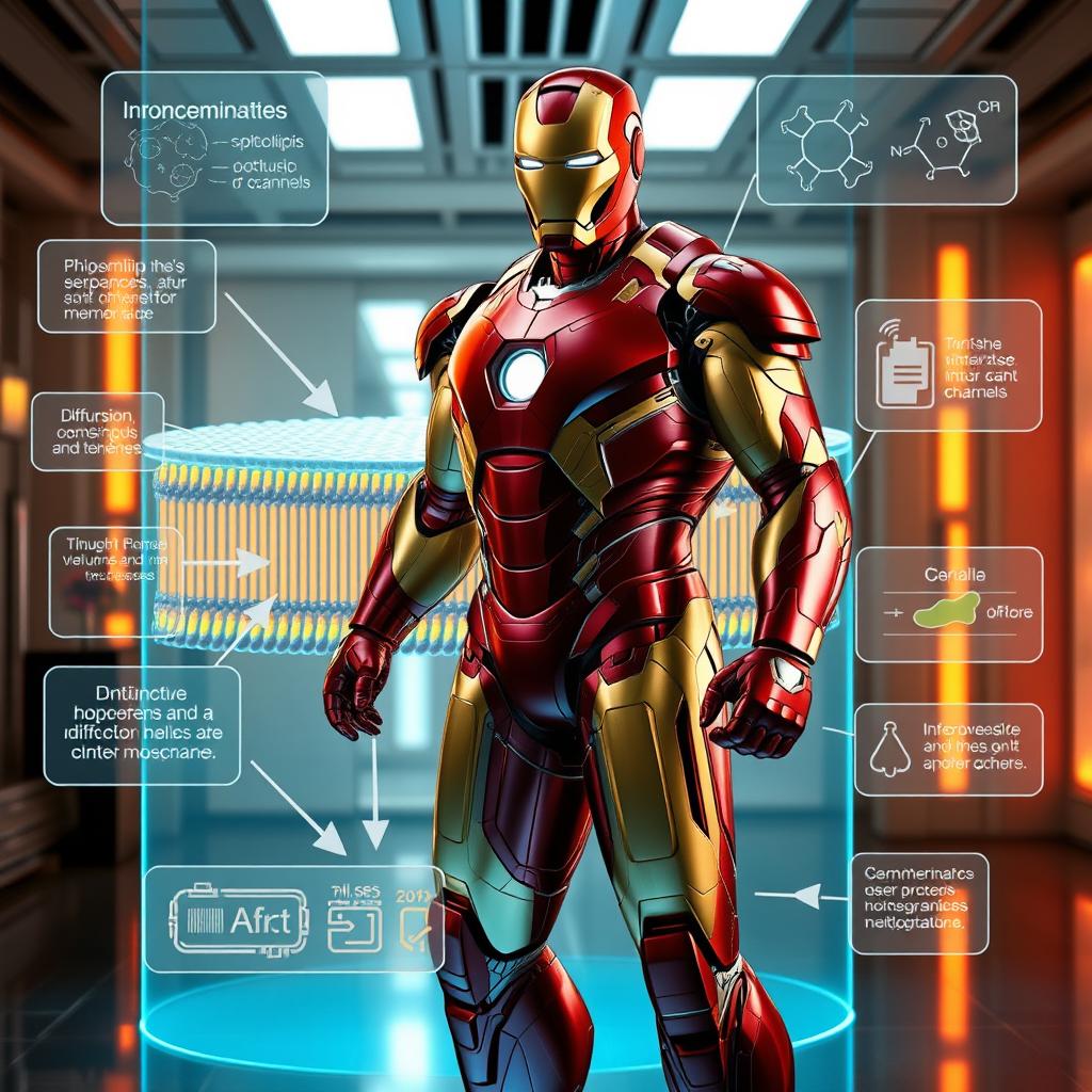 Iron Man, in his striking red and gold armor, stands confidently in a futuristic laboratory setting, showcasing the functioning of a cellular membrane