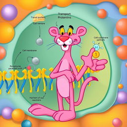 An engaging and educational illustration depicting the functioning of a cell membrane, featuring the Pink Panther as the central character