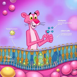 An engaging and educational illustration depicting the functioning of a cell membrane, featuring the Pink Panther as the central character