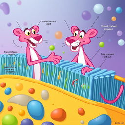 An engaging and educational illustration depicting the functioning of a cell membrane, featuring the Pink Panther as the central character