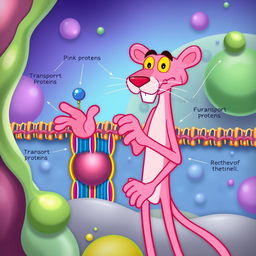 An engaging and educational illustration depicting the functioning of a cell membrane, featuring the Pink Panther as the central character