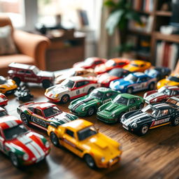 A vibrant display of various Matchbox model cars arranged on a wooden table, showcasing different colors, brands, and designs