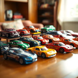 A vibrant display of various Matchbox model cars arranged on a wooden table, showcasing different colors, brands, and designs