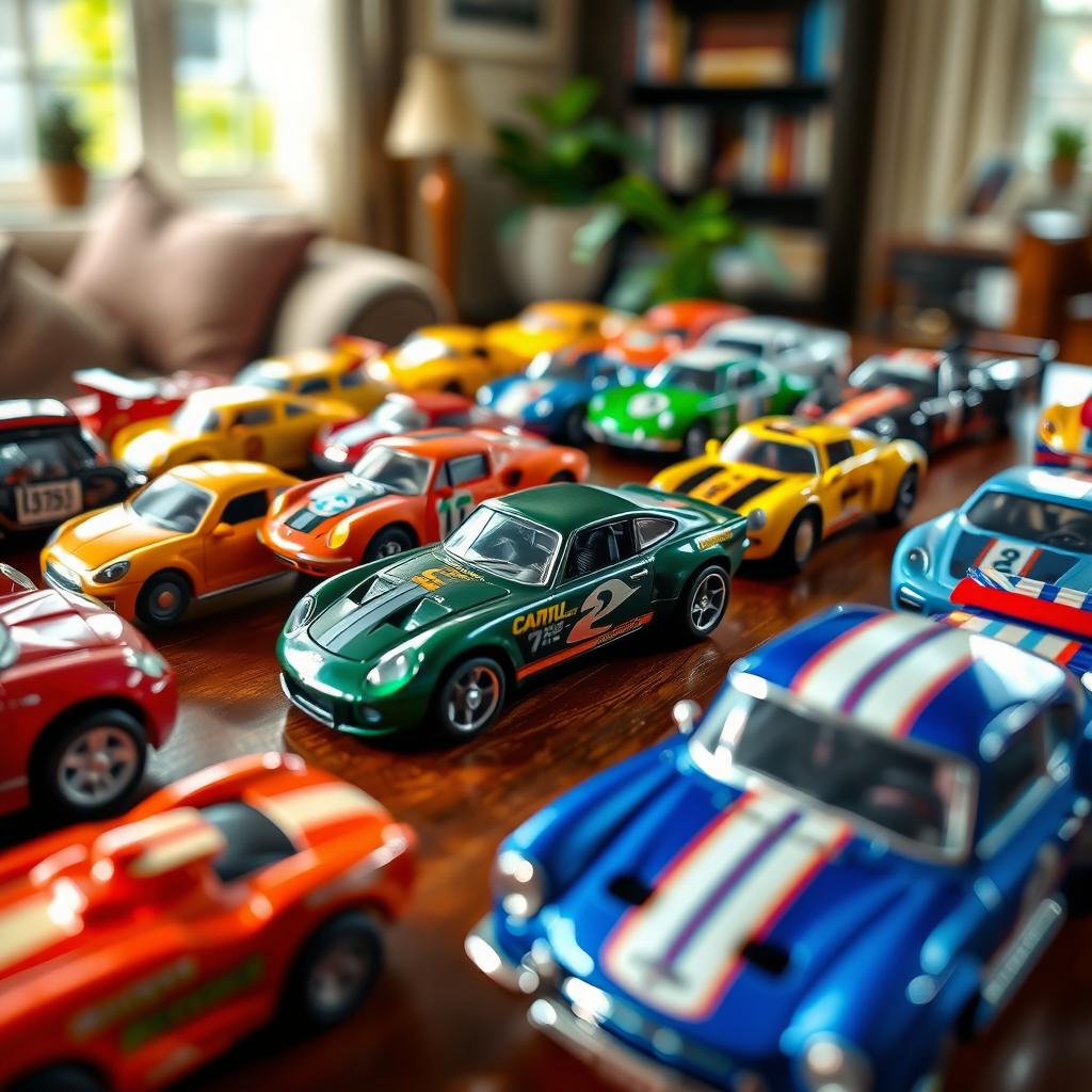 A vibrant display of various Matchbox model cars arranged on a wooden table, showcasing different colors, brands, and designs