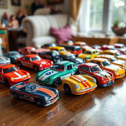 A vibrant display of various Matchbox model cars arranged on a wooden table, showcasing different colors, brands, and designs