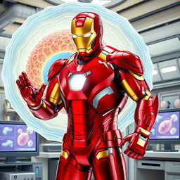 Iron Man, in his striking red and gold armor, is portrayed in a futuristic laboratory setting, actively demonstrating the process of endocytosis