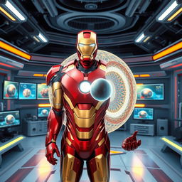 Iron Man, in his striking red and gold armor, is portrayed in a futuristic laboratory setting, actively demonstrating the process of endocytosis