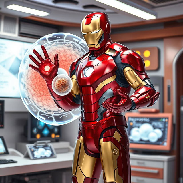 Iron Man, in his striking red and gold armor, is portrayed in a futuristic laboratory setting, actively demonstrating the process of endocytosis