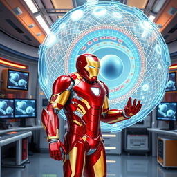 Iron Man, in his striking red and gold armor, is portrayed in a futuristic laboratory setting, actively demonstrating the process of endocytosis