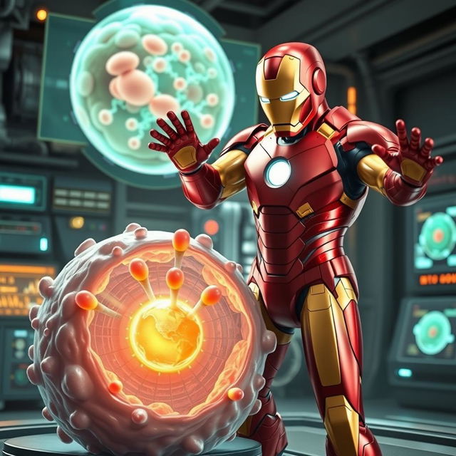 Iron Man, donning his iconic red and gold armor, is depicted in a futuristic laboratory setting actively demonstrating the process of exocytosis