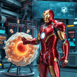 Iron Man, donning his iconic red and gold armor, is depicted in a futuristic laboratory setting actively demonstrating the process of exocytosis