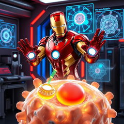 Iron Man, donning his iconic red and gold armor, is depicted in a futuristic laboratory setting actively demonstrating the process of exocytosis