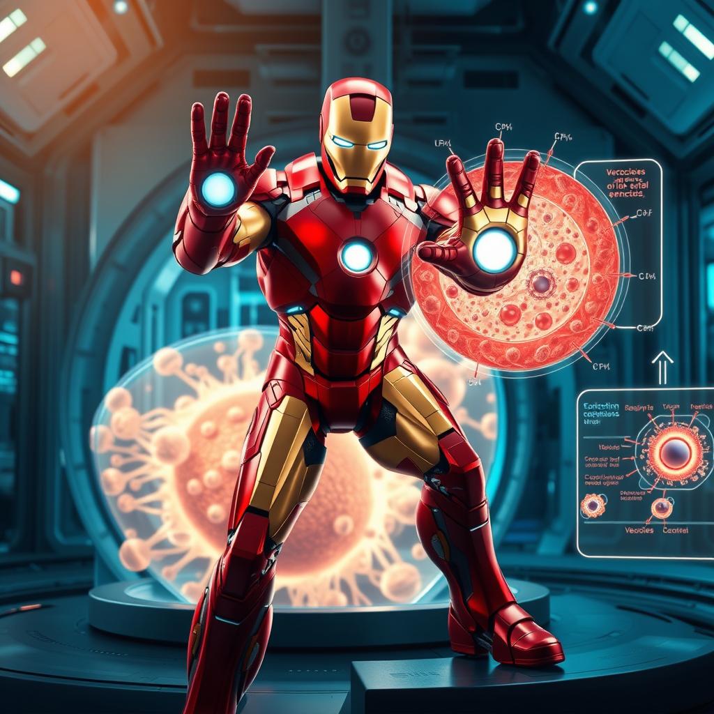 Iron Man, donning his iconic red and gold armor, is depicted in a futuristic laboratory setting actively demonstrating the process of exocytosis