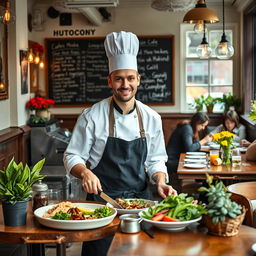 A dedicated chef working in a cozy London cafe, dressed in a stylish apron and a classic chef's hat