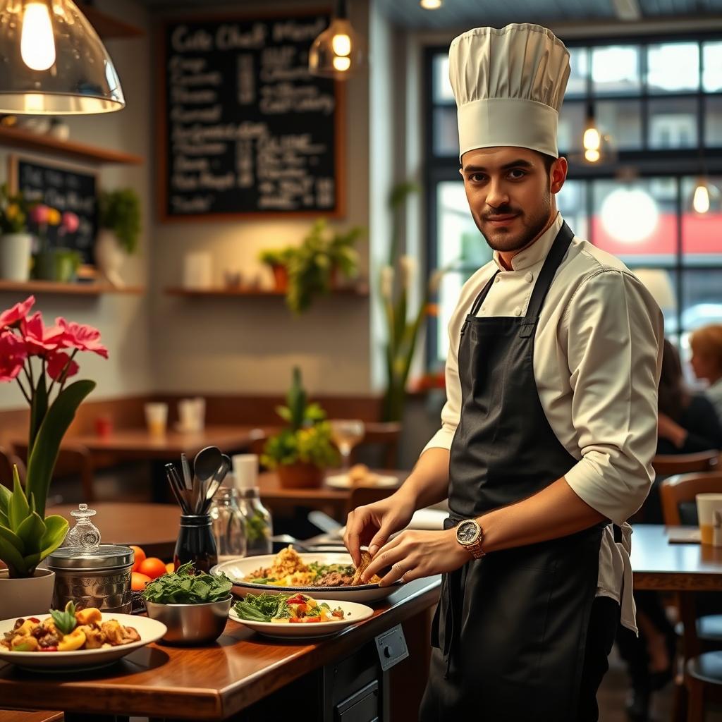 A dedicated chef working in a cozy London cafe, dressed in a stylish apron and a classic chef's hat