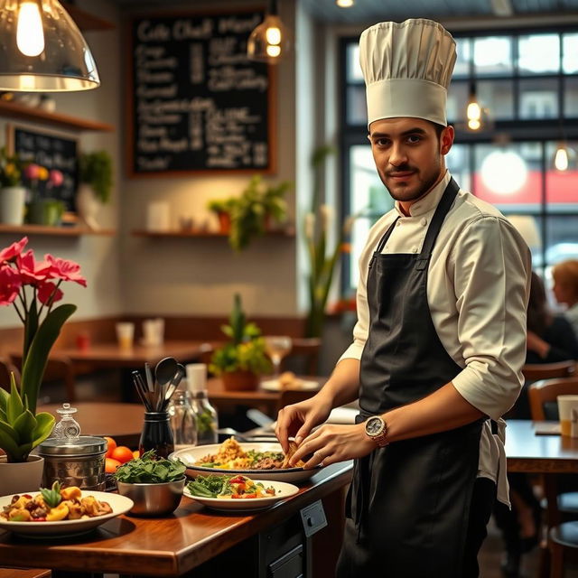 A dedicated chef working in a cozy London cafe, dressed in a stylish apron and a classic chef's hat