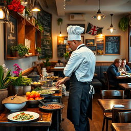 A dedicated chef working in a cozy London cafe, dressed in a stylish apron and a classic chef's hat