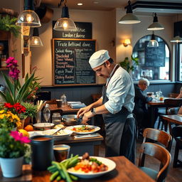 A dedicated chef working in a cozy London cafe, dressed in a stylish apron and a classic chef's hat