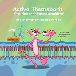 A fun and educational illustration depicting active transport mechanisms of the cell membrane, featuring the Pink Panther as the main character