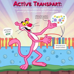 A fun and educational illustration depicting active transport mechanisms of the cell membrane, featuring the Pink Panther as the main character