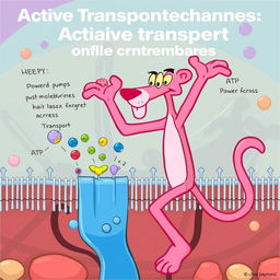 A fun and educational illustration depicting active transport mechanisms of the cell membrane, featuring the Pink Panther as the main character