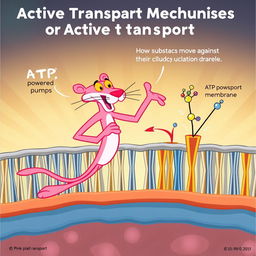 A fun and educational illustration depicting active transport mechanisms of the cell membrane, featuring the Pink Panther as the main character