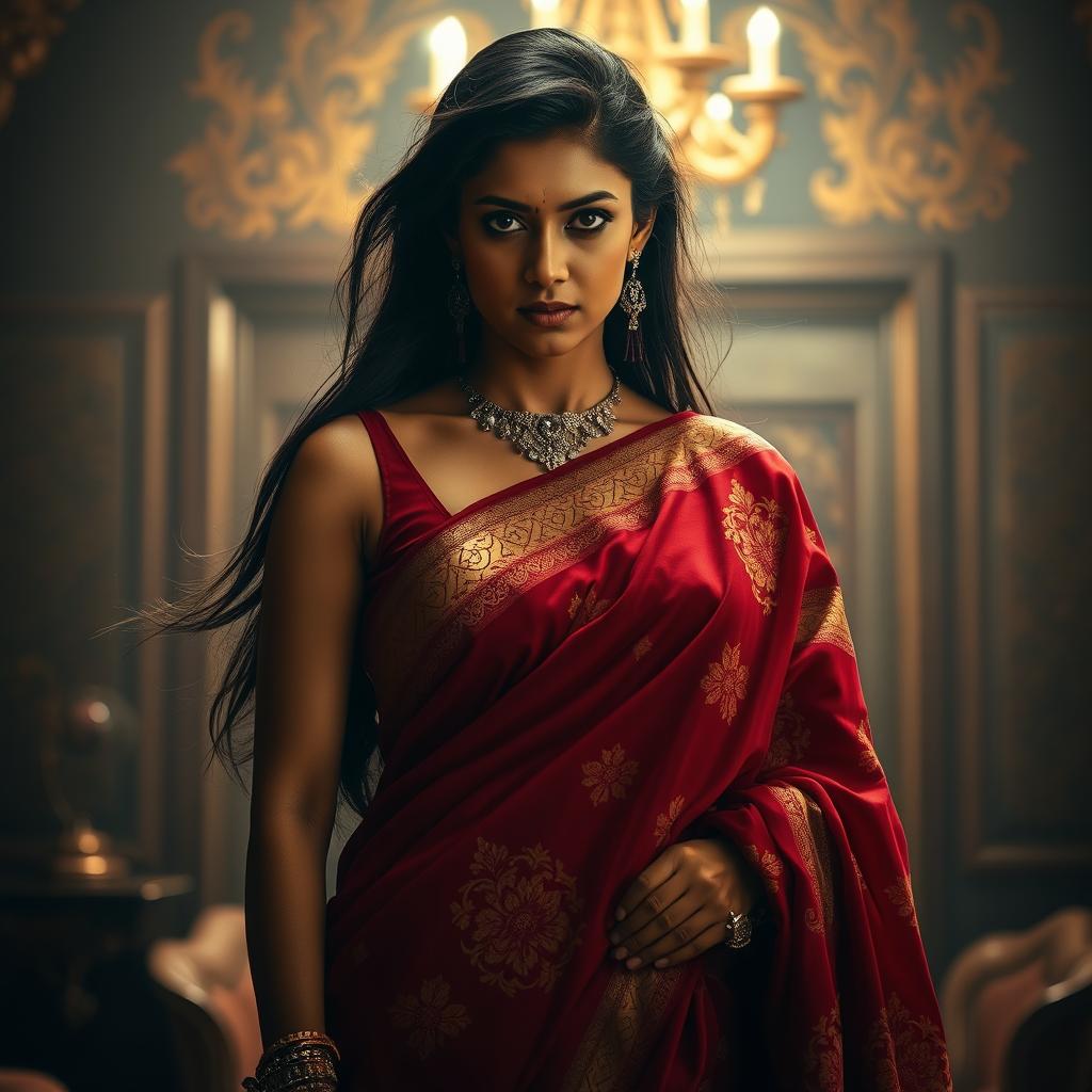 A striking portrayal of an Indian woman, elegantly draped in a vibrant saree with intricate patterns, showcasing a sleeveless blouse that accentuates her graceful silhouette