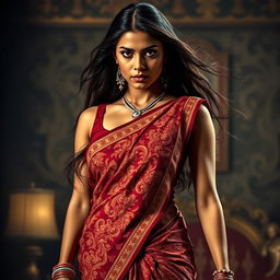 A striking portrayal of an Indian woman, elegantly draped in a vibrant saree with intricate patterns, showcasing a sleeveless blouse that accentuates her graceful silhouette