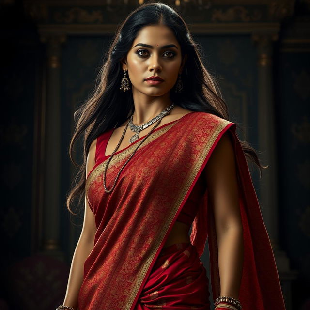 A striking portrayal of an Indian woman, elegantly draped in a vibrant saree with intricate patterns, showcasing a sleeveless blouse that accentuates her graceful silhouette