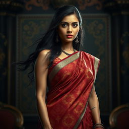 A striking portrayal of an Indian woman, elegantly draped in a vibrant saree with intricate patterns, showcasing a sleeveless blouse that accentuates her graceful silhouette