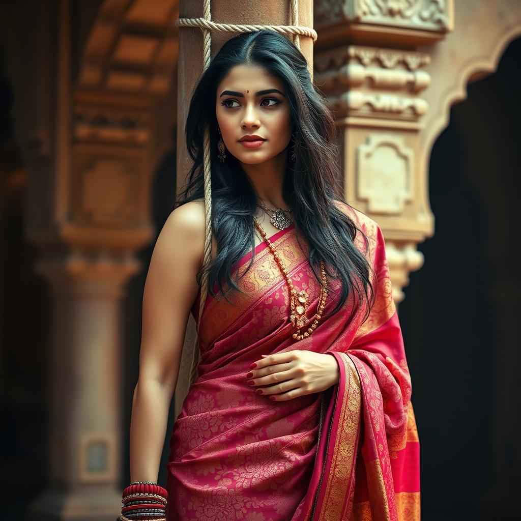 A dramatic scene featuring an Indian woman elegantly wearing a saree, beautifully draped with intricate patterns in rich, vibrant colors, complemented by a sleeveless blouse