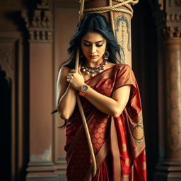 A dramatic scene featuring an Indian woman elegantly wearing a saree, beautifully draped with intricate patterns in rich, vibrant colors, complemented by a sleeveless blouse