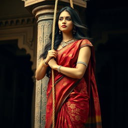 A dramatic scene featuring an Indian woman elegantly wearing a saree, beautifully draped with intricate patterns in rich, vibrant colors, complemented by a sleeveless blouse