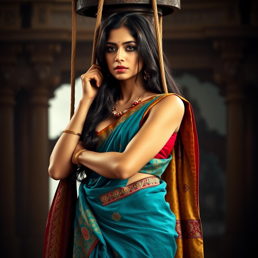 A dramatic scene featuring an Indian woman elegantly wearing a saree, beautifully draped with intricate patterns in rich, vibrant colors, complemented by a sleeveless blouse