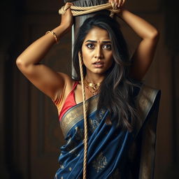 A poignant scene depicting an Indian woman wearing a beautiful saree, elegantly draped with intricate designs in shades of deep blue and gold, complemented by a sleeveless blouse