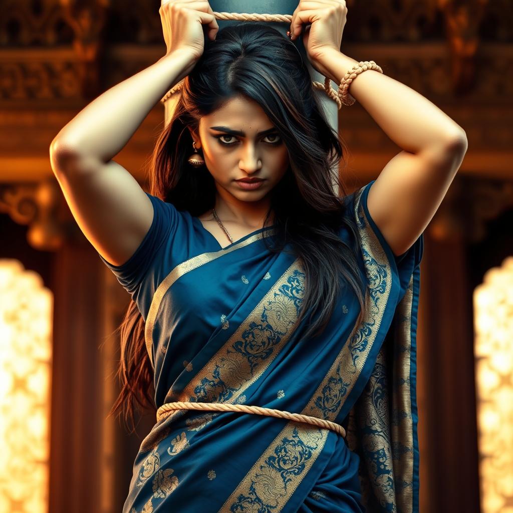 A poignant scene depicting an Indian woman wearing a beautiful saree, elegantly draped with intricate designs in shades of deep blue and gold, complemented by a sleeveless blouse