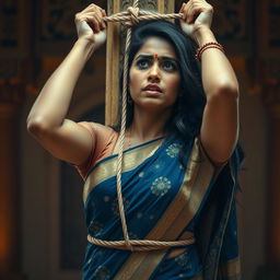 A poignant scene depicting an Indian woman wearing a beautiful saree, elegantly draped with intricate designs in shades of deep blue and gold, complemented by a sleeveless blouse