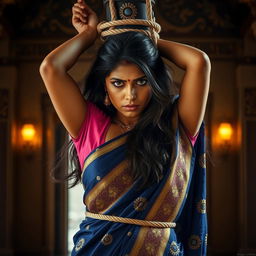 A poignant scene depicting an Indian woman wearing a beautiful saree, elegantly draped with intricate designs in shades of deep blue and gold, complemented by a sleeveless blouse