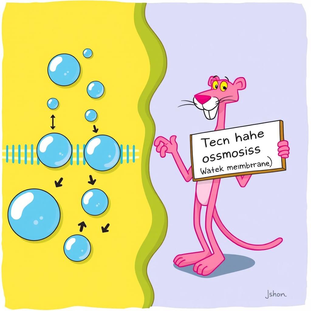 A fun and educational illustration depicting the process of osmosis in the cell membrane, featuring the Pink Panther as the central character