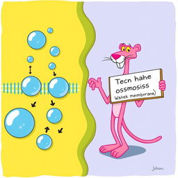 A fun and educational illustration depicting the process of osmosis in the cell membrane, featuring the Pink Panther as the central character