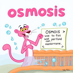 A fun and educational illustration depicting the process of osmosis in the cell membrane, featuring the Pink Panther as the central character