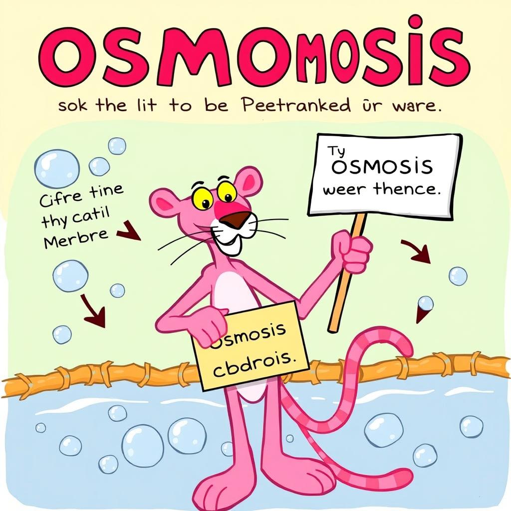 A fun and educational illustration depicting the process of osmosis in the cell membrane, featuring the Pink Panther as the central character