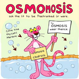 A fun and educational illustration depicting the process of osmosis in the cell membrane, featuring the Pink Panther as the central character