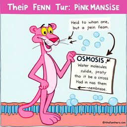 A fun and educational illustration depicting the process of osmosis in the cell membrane, featuring the Pink Panther as the central character