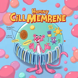 A whimsical and educational illustration of a cell membrane featuring the Pink Panther as the central character